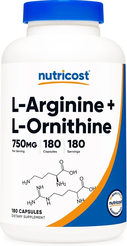 آرژنین و اورنیتین 750 میلی گرم ناتری کاست 180 عددی Nutricost L-Arginine L-Ornithine 750mg; 180 Capsules