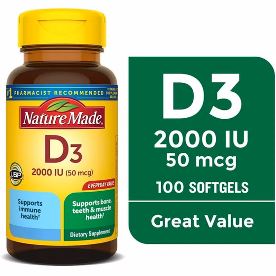 ویتامین د3 50 میکروگرم نیچرمید (۱۰۰عددی)Vitamin D3 2000 IU (50 mcg) Tablets Nature Made