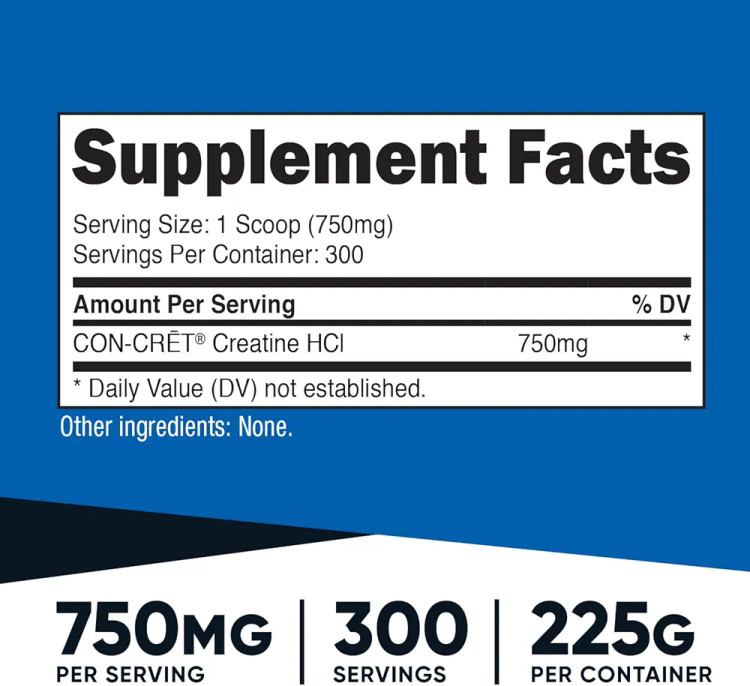 کراتین ناتری کاست Nutricost Creatine HCl (Con-Cret®) بدون طعم (Unflavored)