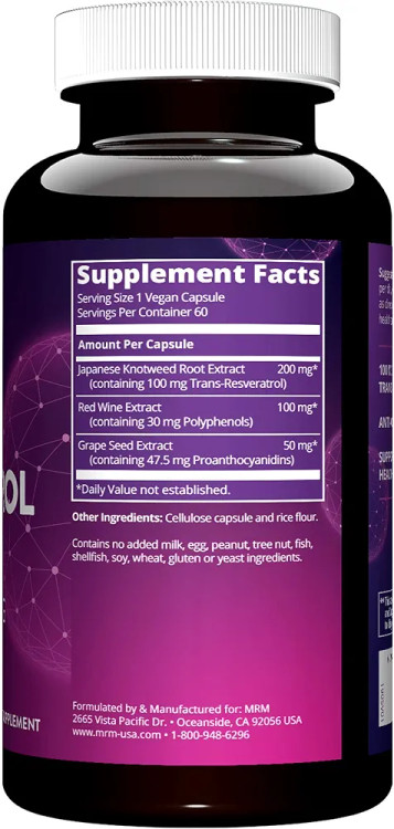 رزوراترول ۱۰۰ میلیگرم MRM Nutrition - برای زنان و مردان - مکمل آنتیاکسیدان ترانس-رزوراترول طبیعی برای سلامت سلولی، پشتیبانی از پیری و سلامت تغذیهای، وگان، بدون گلوتن - ۶۰ وعده