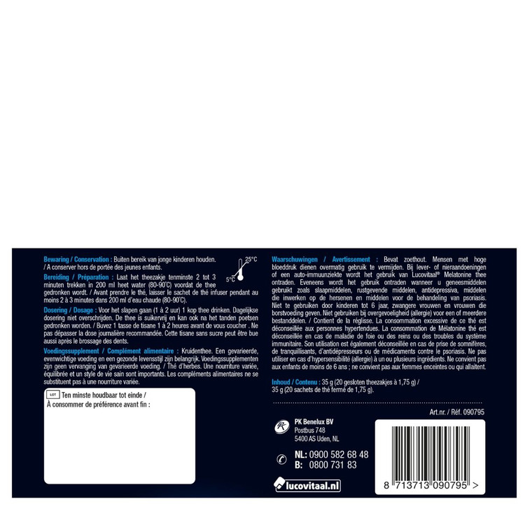 '- ملاتونین و ال-تریپتوفان - 5 میلیگرم - 30 قرصLucovitaal – Melatonine en L-Tryptofaan – 5mg – 30 tabletten