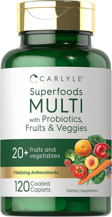 مولتی سوپرفود کارلایل با پروبیوتیک، میوه و سبزیجات ۱۲۰ قرص Carlyle Superfoods Multi with Probiotics Fruits & Veggies 120 Coated Caplets