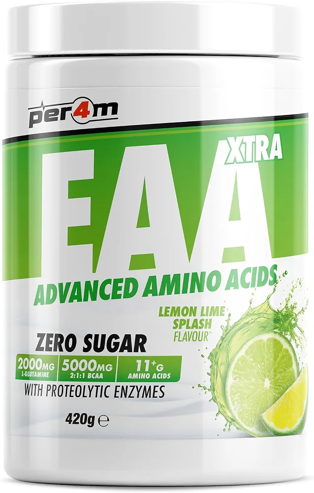 Per4m EAA Xtra/Amino Xtra | 30 وعده EAA با طیف کامل به همراه آنزیمهای پروتئولیتیک | مناسب برای گیاهخواران | آمینو اسید بدون قند (420 گرم، طعم لیمو و لیموترش)