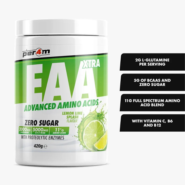 Per4m EAA Xtra/Amino Xtra | 30 وعده EAA با طیف کامل به همراه آنزیمهای پروتئولیتیک | مناسب برای گیاهخواران | آمینو اسید بدون قند (420 گرم، طعم لیمو و لیموترش)