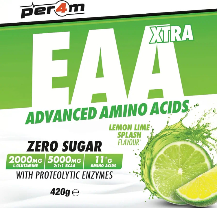 Per4m EAA Xtra/Amino Xtra | 30 وعده EAA با طیف کامل به همراه آنزیمهای پروتئولیتیک | مناسب برای گیاهخواران | آمینو اسید بدون قند (420 گرم، طعم لیمو و لیموترش)