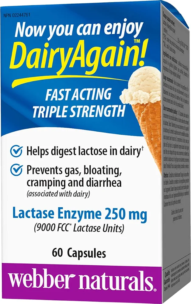 کپسولهای آنزیم لاکتاز ۲۵۰ میلیگرمی وبر نچرالز Dairy Again!™